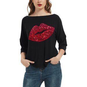 Women's Sequin Heart Love Shirt Plus Size Loose Tunic 3/4 Sleeve Boat Neck